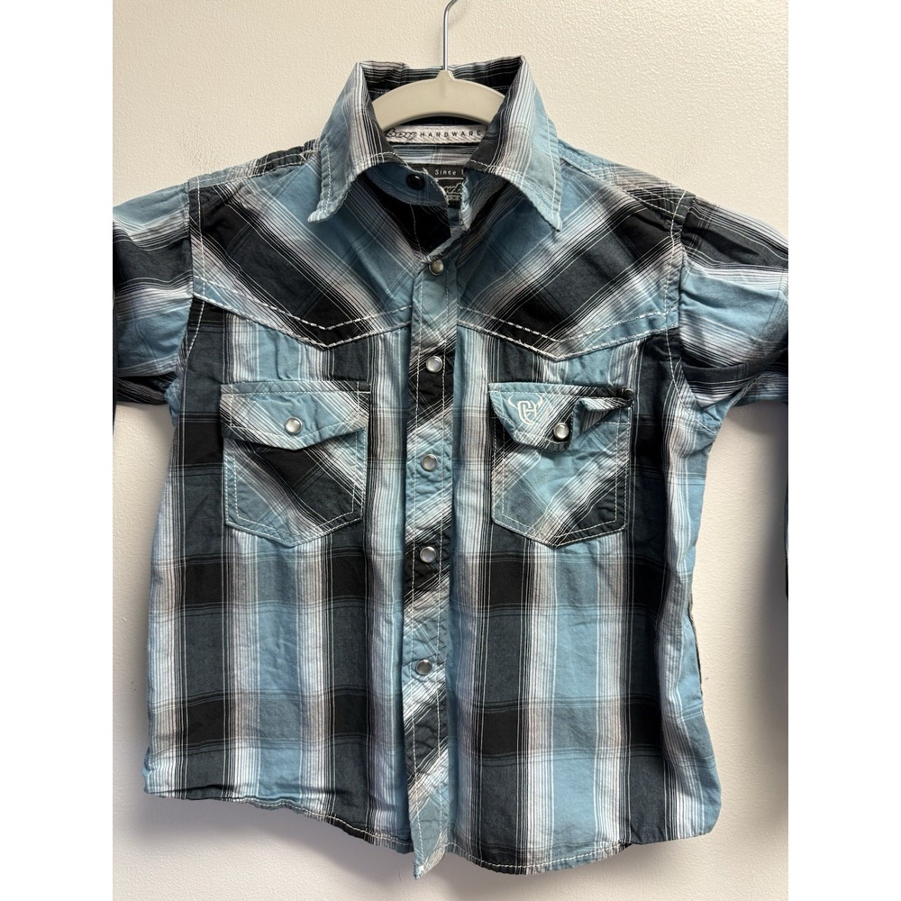 Cowboy Hardware Boys Western Snap Shirt Size XS 5 Blue Black Plaid Cowboy - Picture 2 of 9
